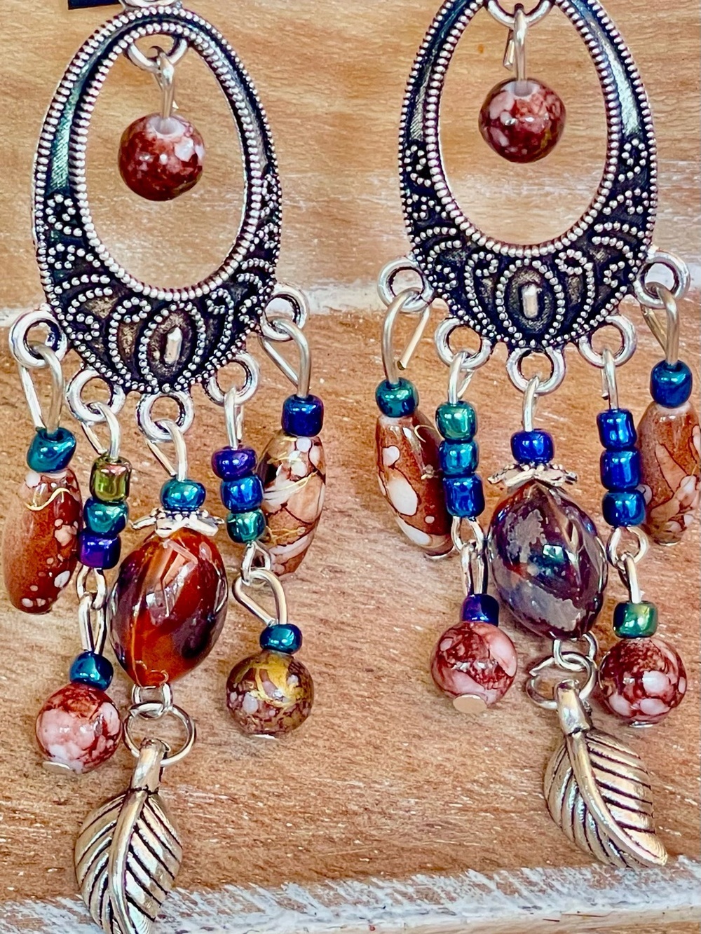 Boho Brown with Blue Accent Beaded Dangle Earrings with Silver Feather Accent